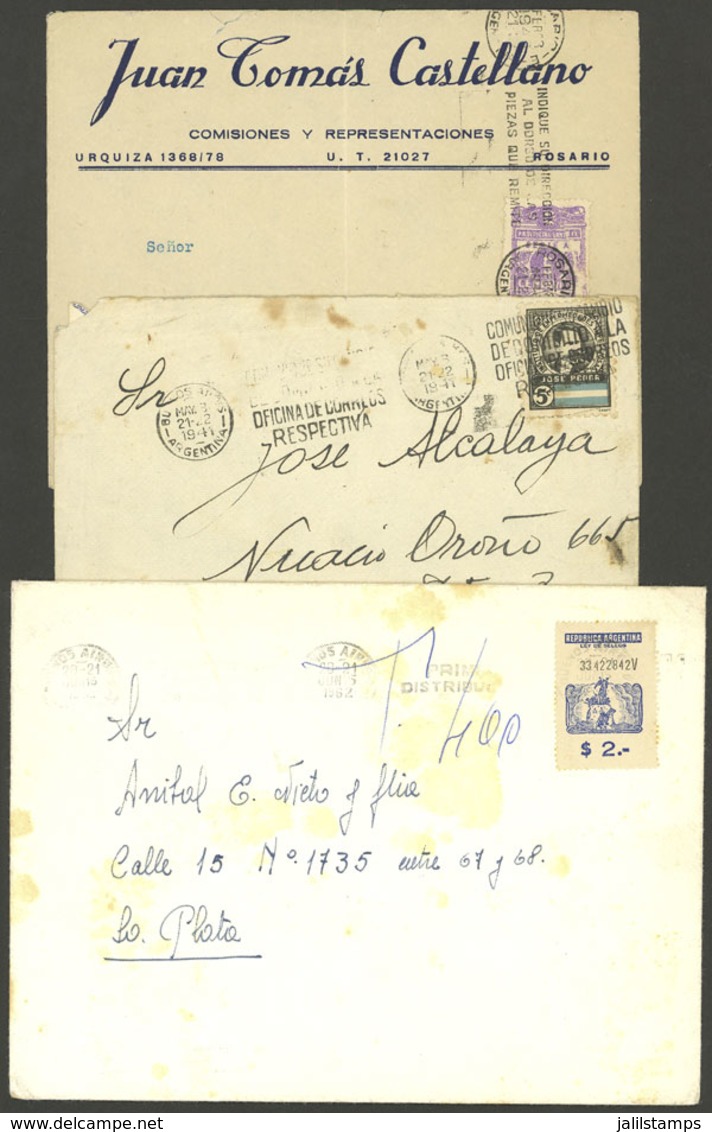 ARGENTINA: 3 Covers Used Between 1941 And 1962 Franked With REVENUE Stamps Or CINDERELLAS, Some With Small Defects But I - Autres & Non Classés