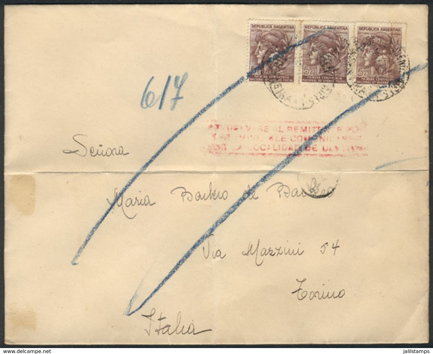 ARGENTINA: Cover Sent From Buenos Aires To Italy On 24/NO/1941, And Returned To Sender With Rectangular Carmine Handstam - Autres & Non Classés