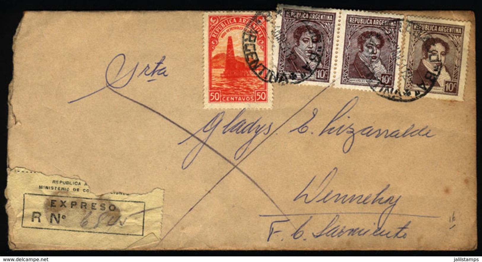 ARGENTINA: RARE COMBINATION Of Twin Values: Express Cover Sent From Bragado To Dennehy On 4/MAR/1951, Franked With 80c.  - Autres & Non Classés
