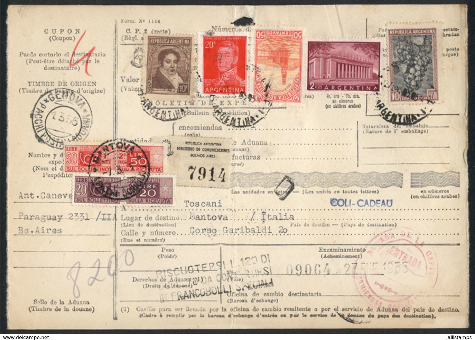 ARGENTINA: Despatch Note Sent To Italy On 31/JA/1955, Franked By GJ.764A (10P. Grapes) + Other Values, Excellent Quality - Autres & Non Classés