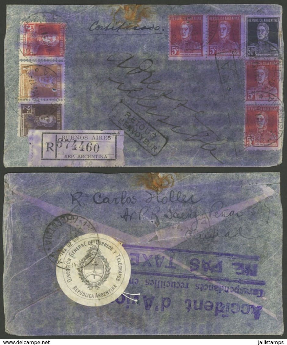 ARGENTINA: PLANE WRECK: Registered Cover Dispatched In Buenos Aires In MAY/1930, It Shows Evident Signs Of Water Damage, - Autres & Non Classés