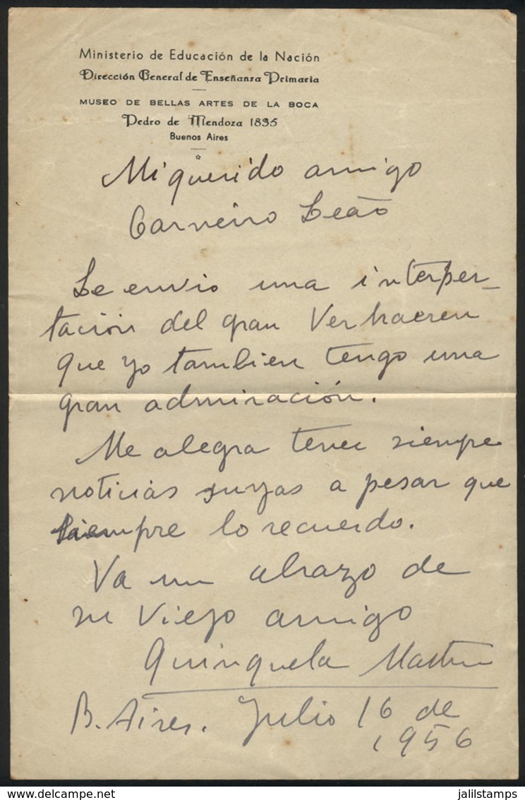 ARGENTINA: QUINQUELA MARTÍN, Benito: Painter, Manuscript Letter To  Carneiro Leao, Signed And Dated 16/JUL/1956, VF And  - Autres & Non Classés