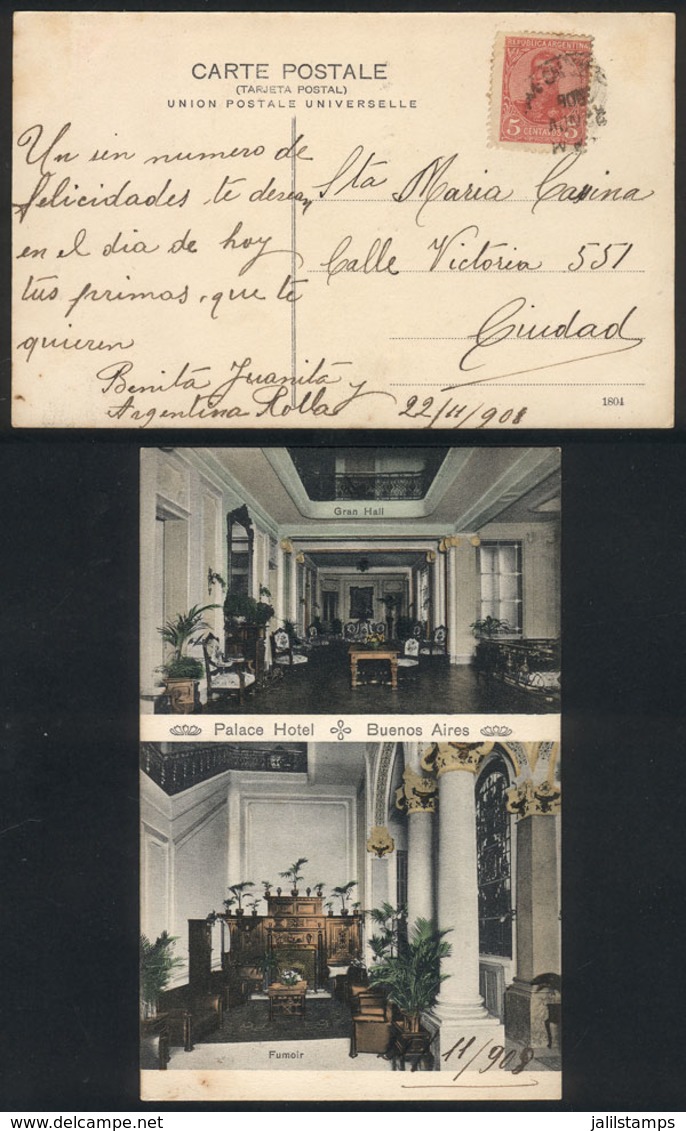 ARGENTINA: Buenos Aires: Palace Hotel, Rare Postcard Used On 22/NO/1908, Excellent Quality! - Argentinien