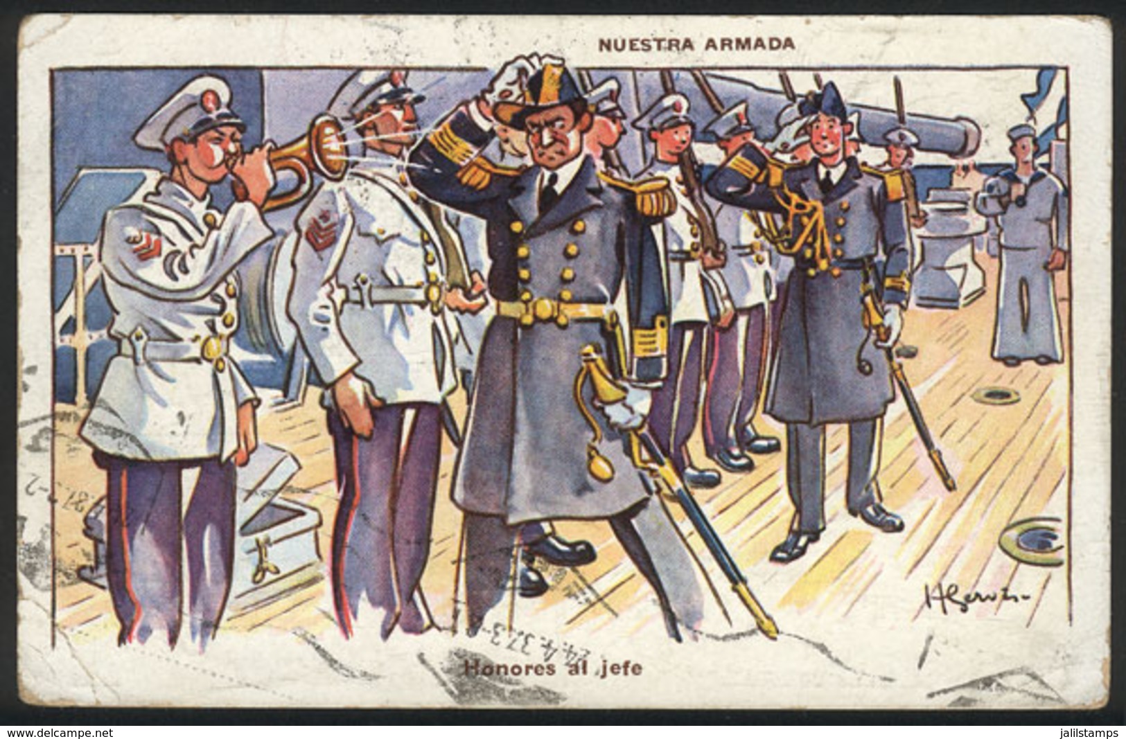 ARGENTINA: Battleship Scene, Sailors, Comic PC Sent To Portugal On 12/AP/1937, VF! - Argentine