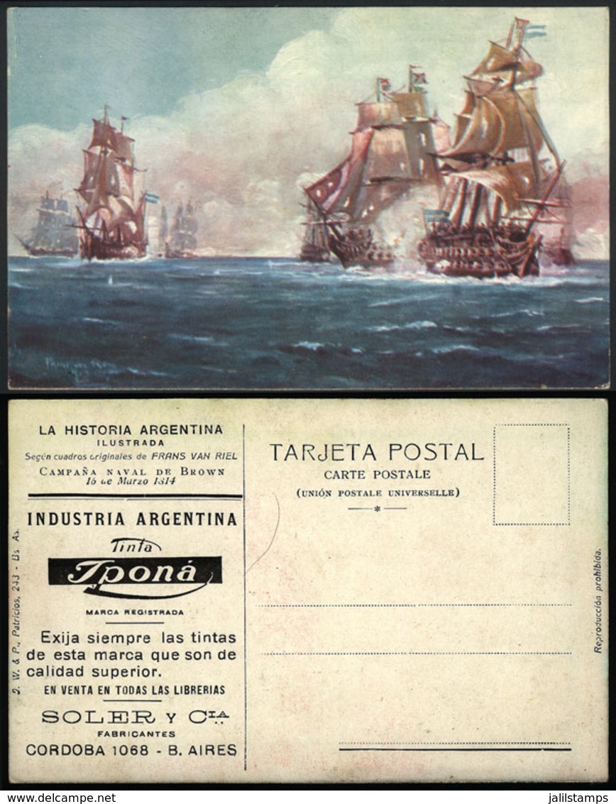 ARGENTINA: Old Postcard With Advertising For IPONA INKS, Illustrated With View Of Old Battle Ships, Artist Signed Frans  - Argentine