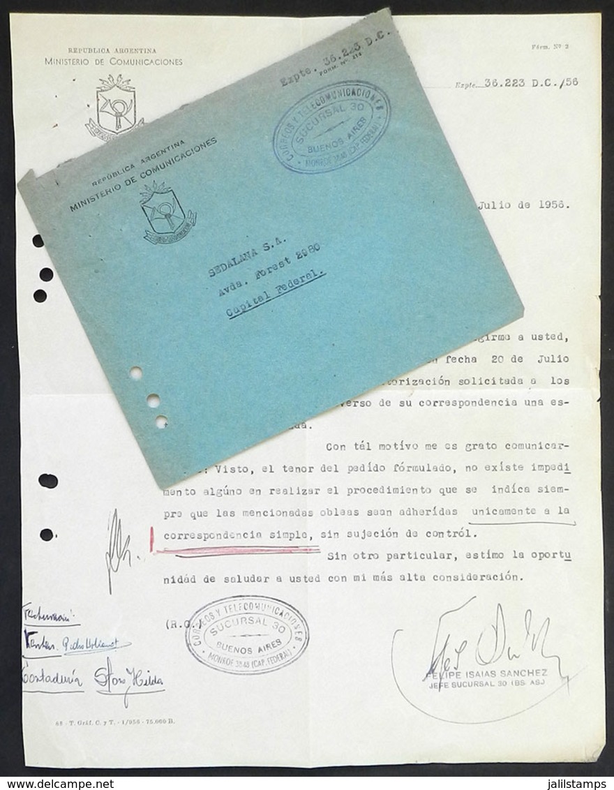 ARGENTINA: Cover And Letter Of The Argentine Mail Of 30/JUL/1956 To Sedalana Co., Indicating That Advertising Cinderella - Autres & Non Classés