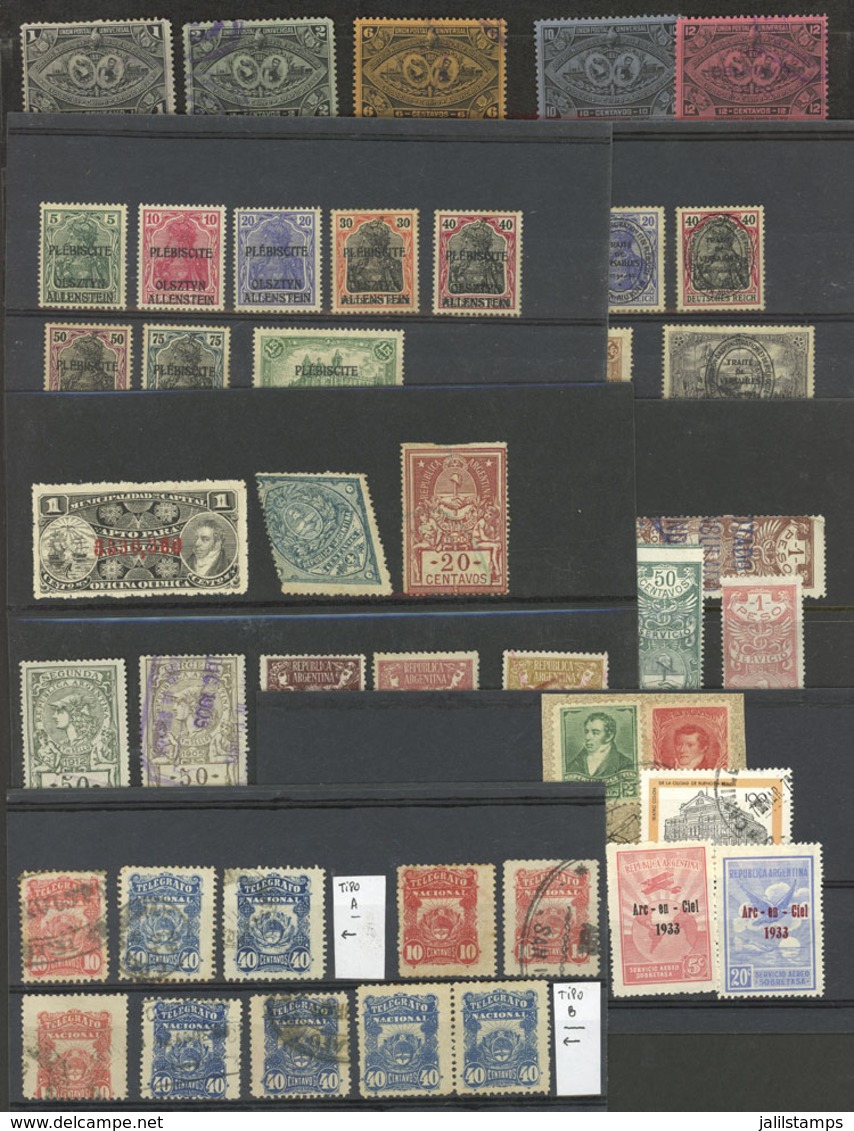 ARGENTINA + WORLDWIDE: 8 Stockcards With Varied Stamps, Including Telegraph Stamps, Some Interesting Forged Examples, Re - Collections, Lots & Séries