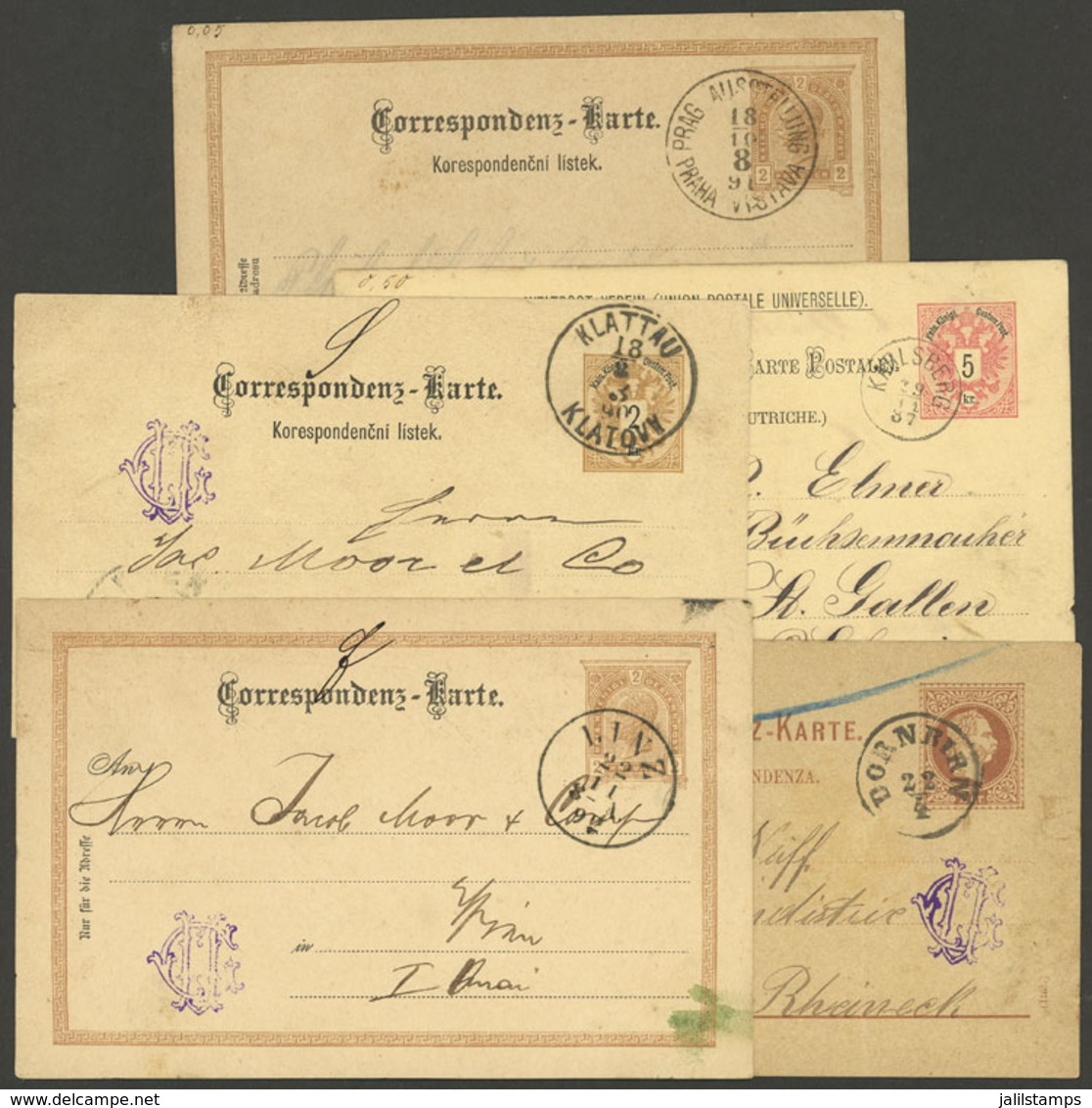 AUSTRIA: 5 Postal Cards Used Between 1883 And 1897, There Are Interesting Cancels For Example Prag Austellung, Klattau,  - Sonstige & Ohne Zuordnung