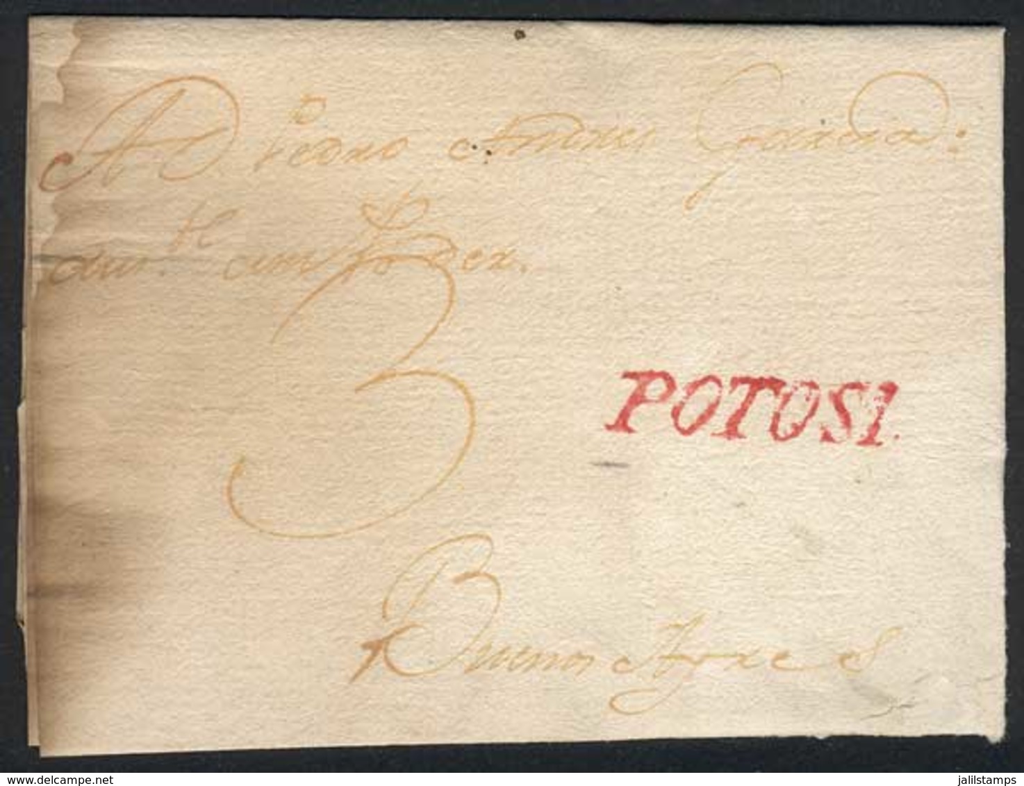 BOLIVIA: Complete Folded Letter Dated 26/JA/1800, Sent To Buenos Aires, With Red Straightline POTOSI Marking. With Defec - Bolivie