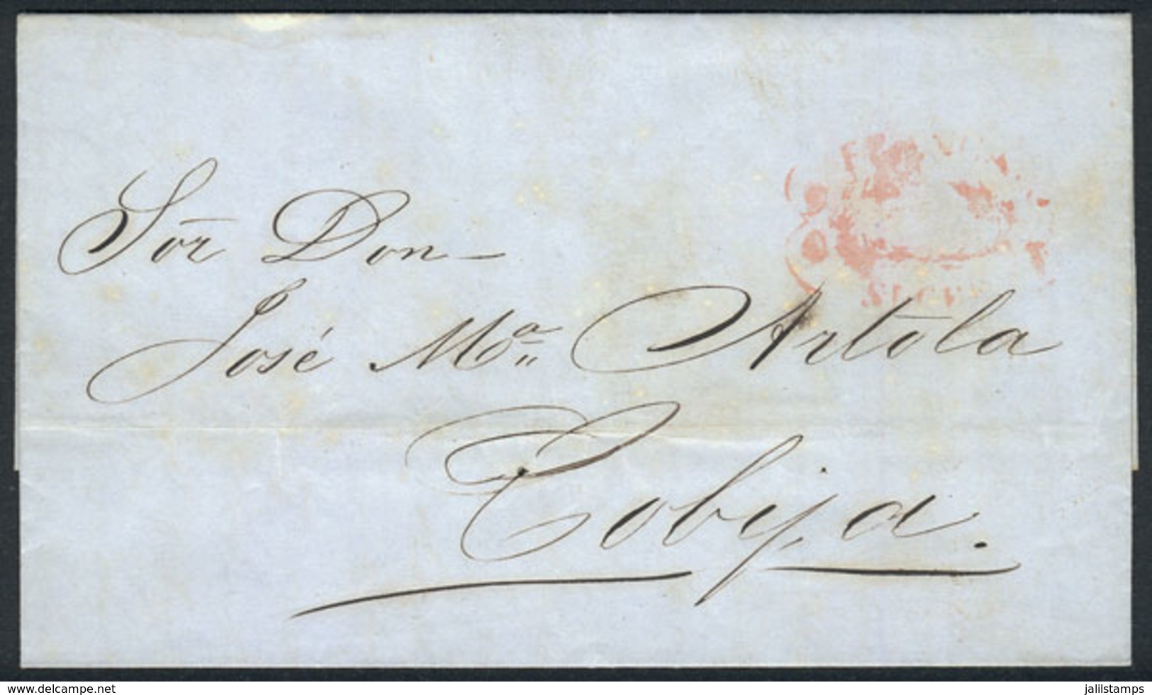 BOLIVIA: Complete Folded Letter Dated 13/MAR/1856 To Cobija, With Red FRANCA-SUCRE Marking, Excellent Quality, Very Low  - Bolivia