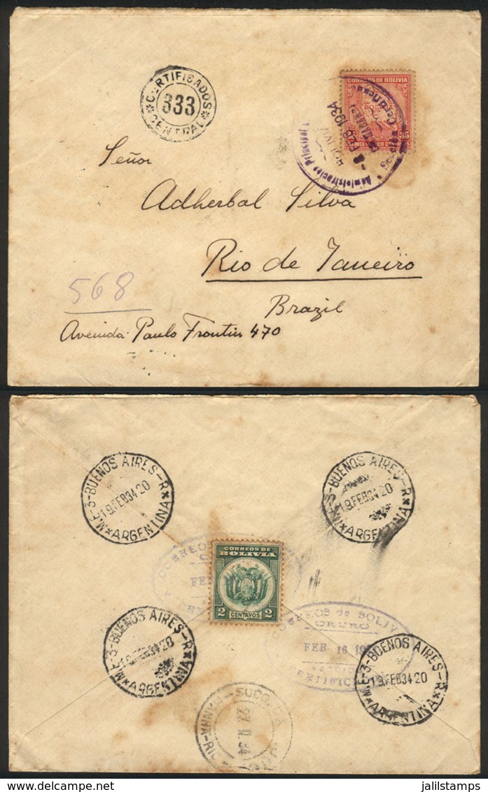 BOLIVIA: Registered Cover Sent From COCHABAMBA To Rio De Janeiro On 8/FE/1934, With Transit Marks Of Oruro And Buenos Ai - Bolivie