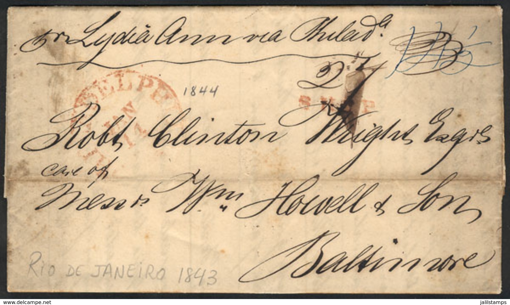 BRAZIL: Entire Letter Sent From Rio De Janeiro To Baltimore (USA) On 14/NO/1843, Very Interesting! - Other & Unclassified