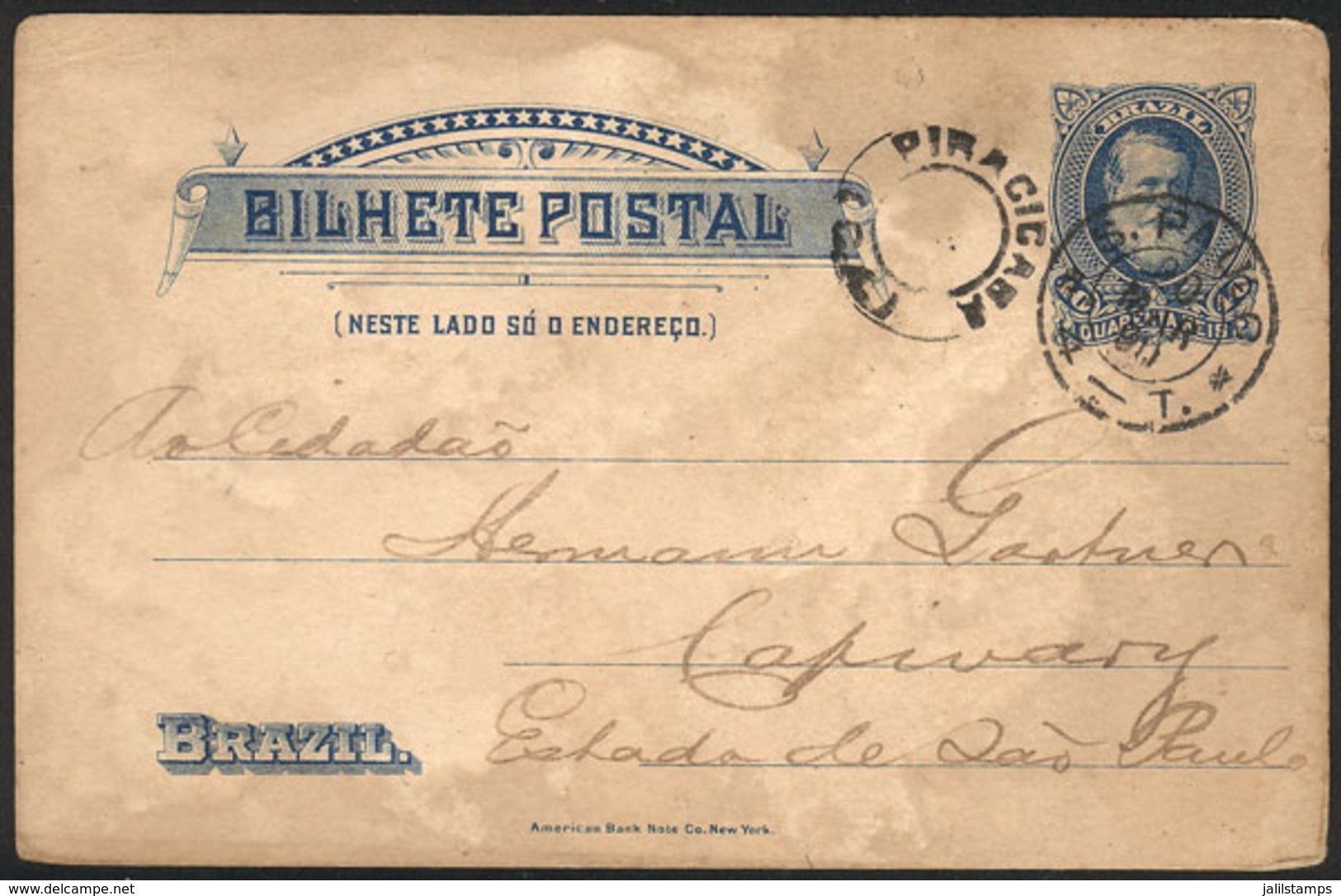 BRAZIL: 40Rs. Postal Card Sent From PIRACICABA To Capivary On 20/MAR/1890, With Double Circle Cancels (without Date) Of  - Otros & Sin Clasificación