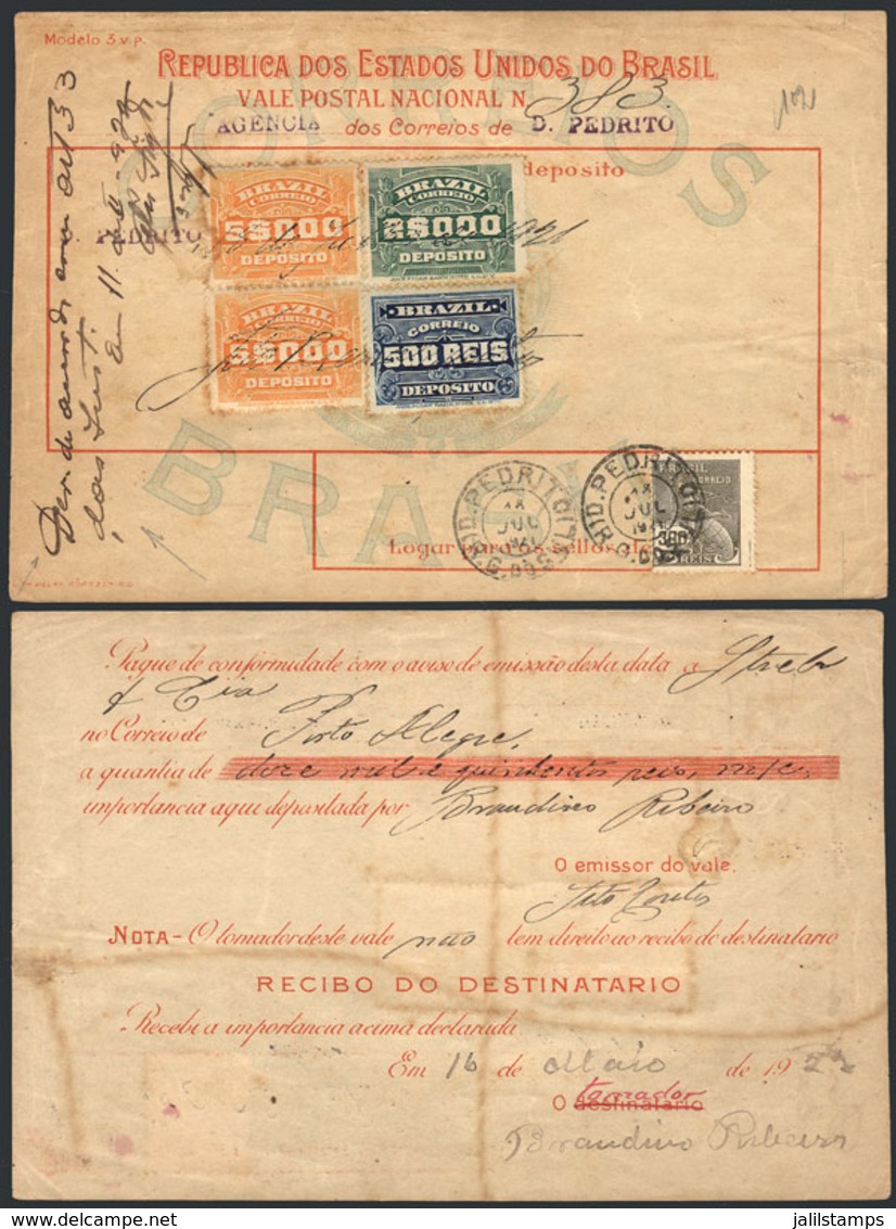 BRAZIL: Postal Money Order Of 18/JUL/1921 Sending 12,500Rs. From DOM PEDRITO To Strela & Cia In Porto Alegre. As The Mon - Other & Unclassified