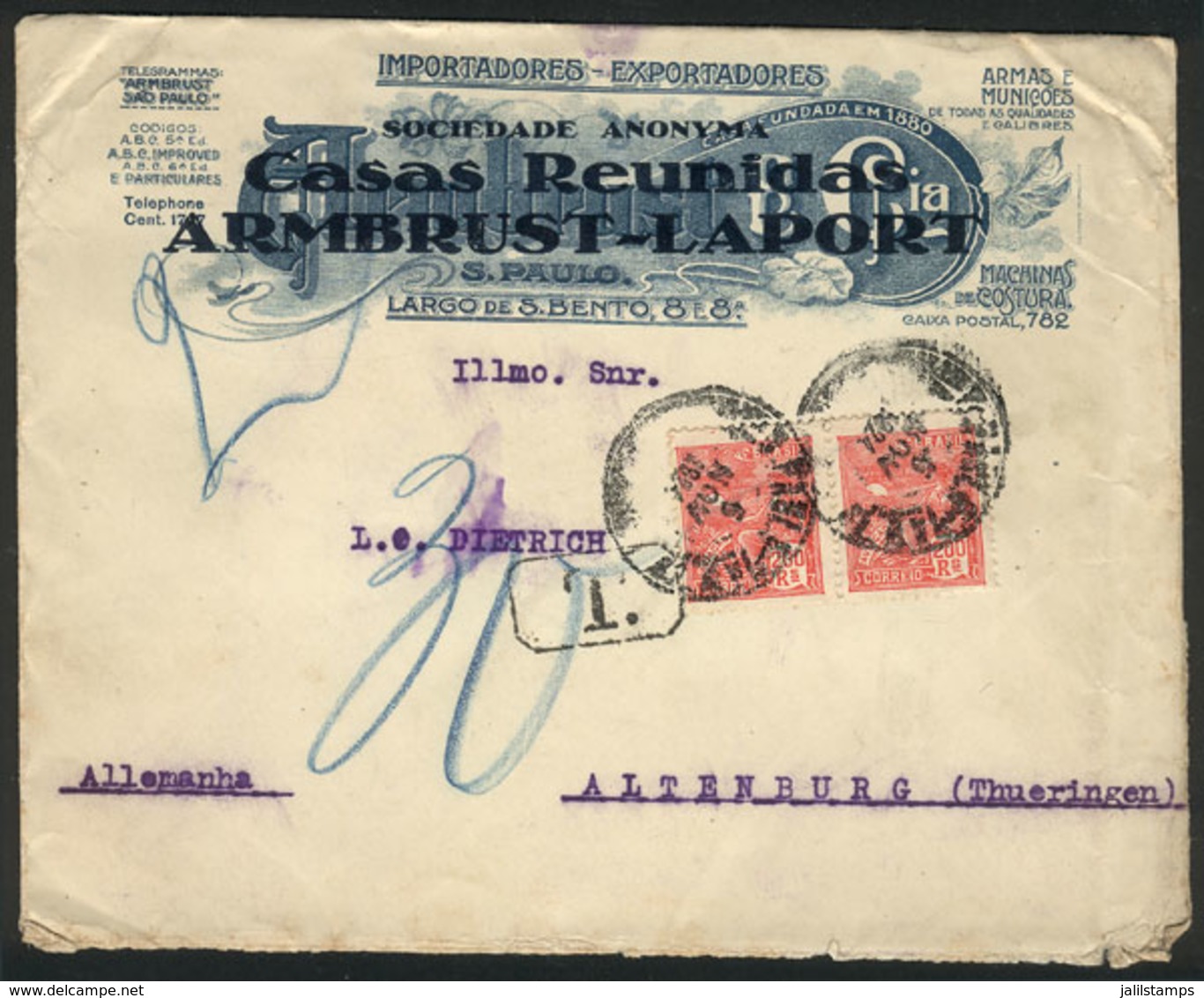 BRAZIL: Cover With Handsome Advertising Corner Card Posted To Germany On 5/NO/1924, Franked With 400Rs. And DUE Marks, V - Otros & Sin Clasificación