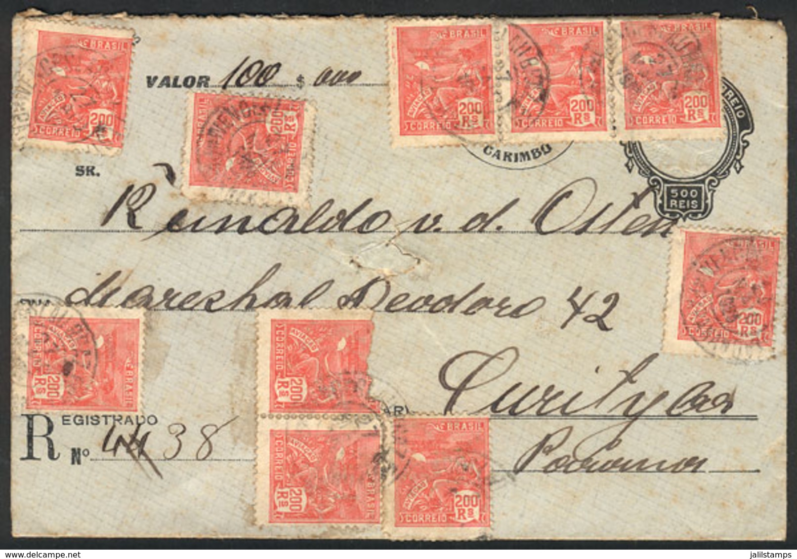 BRAZIL: Cover With Declared Value Of 100,000Rs. Sent From WENCESLAU BRAZ To Curitiba On 27/MAR/1925, VF Quality! - Otros & Sin Clasificación