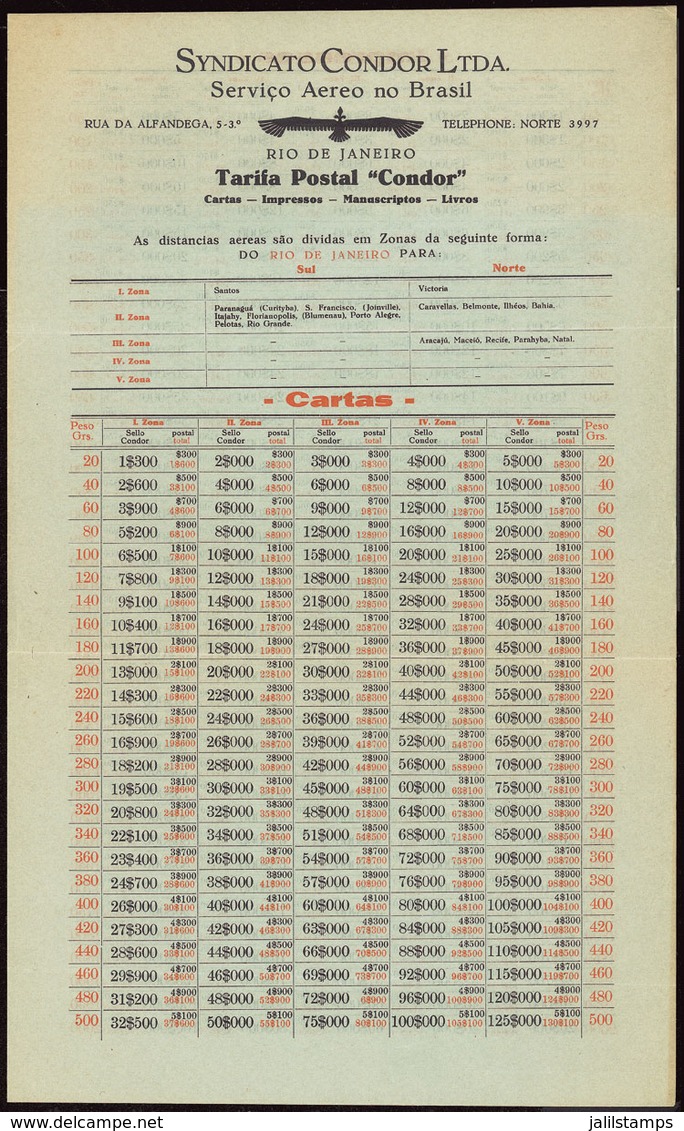 BRAZIL: POSTAL RATES Of Syndicato Condor (from Rio De Janeiro By South And North Lines) For Letters, Printed Matter, Boo - Autres & Non Classés