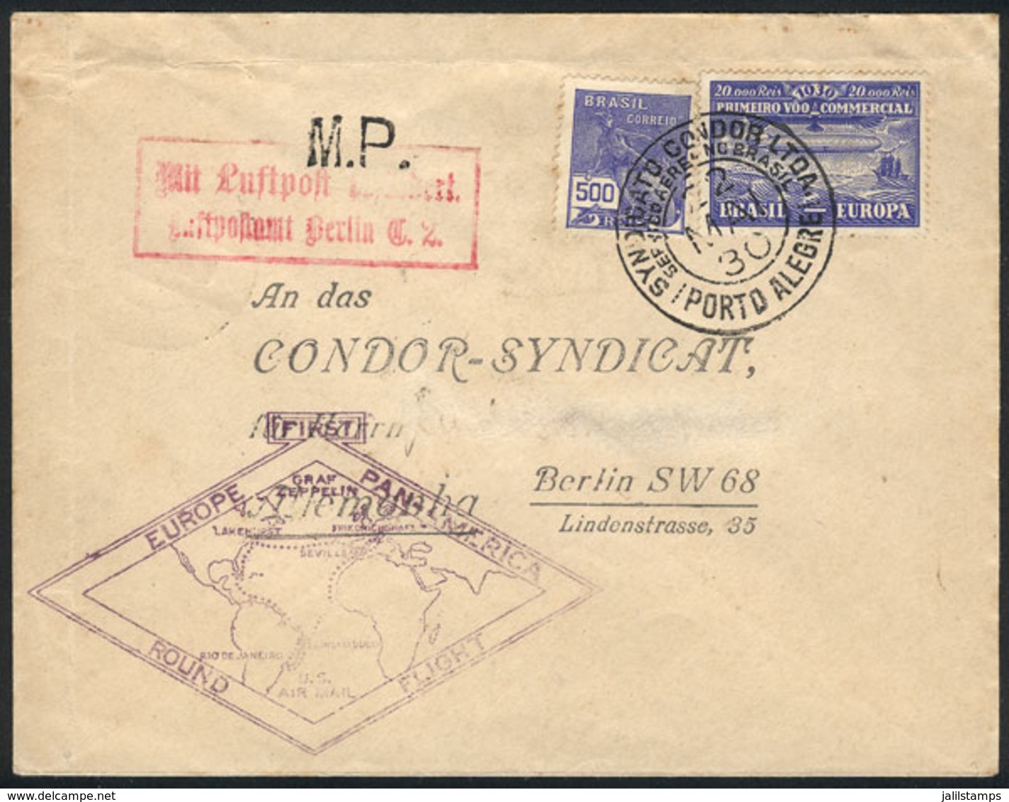 BRAZIL: 22/MAY/1930 Porto Alegre - Berlin (Germany), Via ZEPPELIN: Cover Franked By Sc.4CL3 + 500Rs. Definitive, Special - Autres & Non Classés
