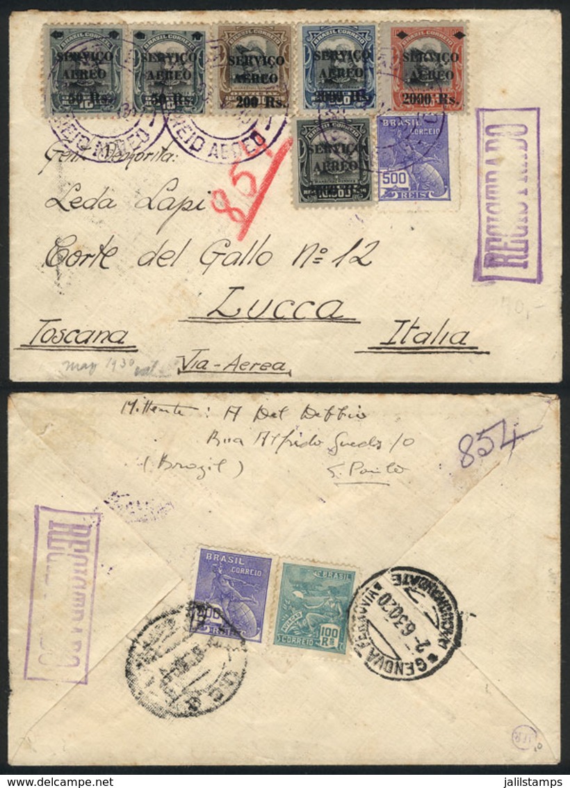 BRAZIL: Registered Airmail Cover Sent From Sao Paulo To Italy On 23/MAY/1930, With Arrival Backstamp Of 2/JUN, Handsome  - Sonstige & Ohne Zuordnung