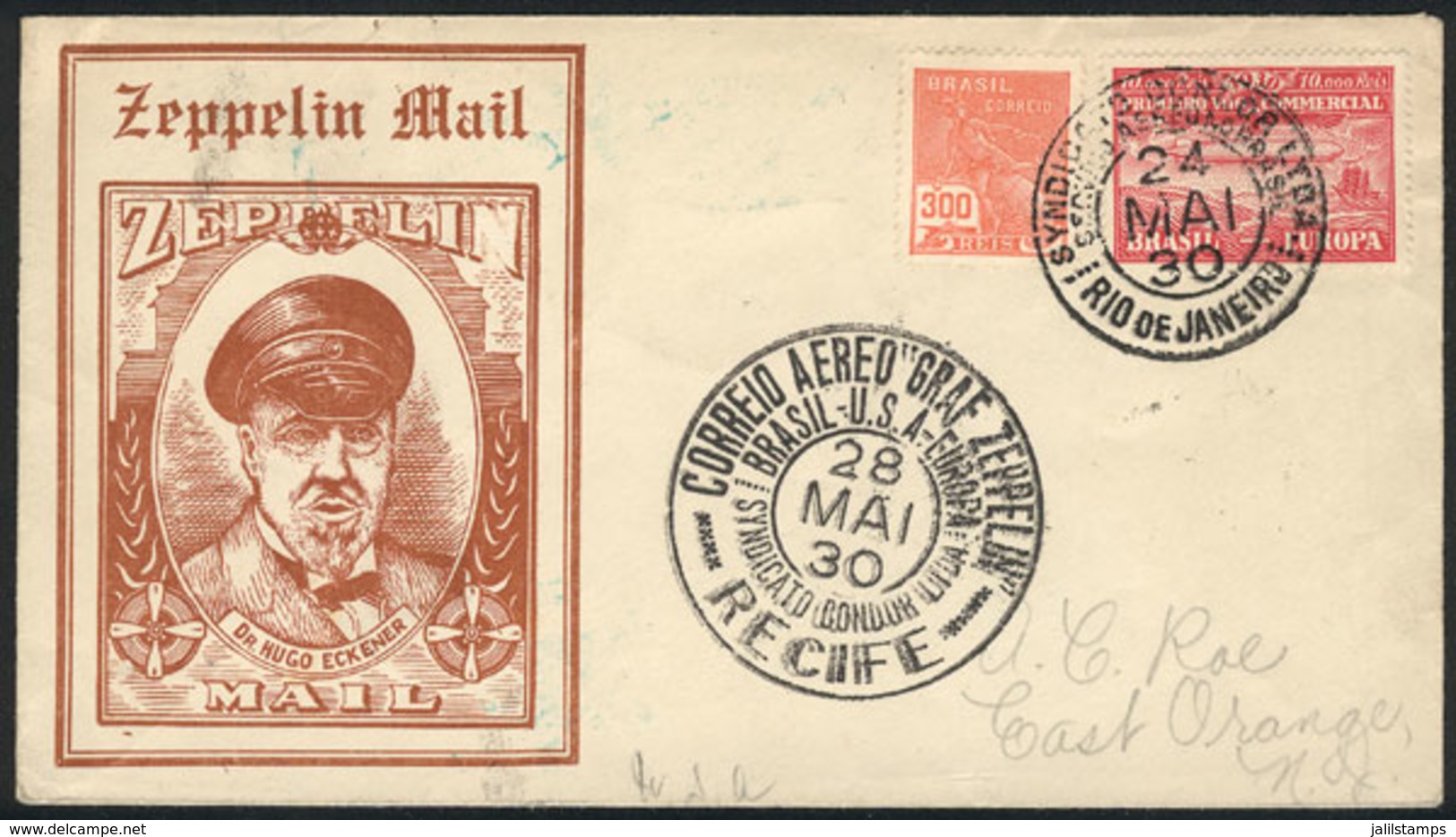 BRAZIL: 24/MAY/1930 Rio De Janeiro - USA, Via ZEPPELIN: Cover Franked By Sc.4CL2 + 300Rs. Definitive, With Recife Transi - Sonstige & Ohne Zuordnung