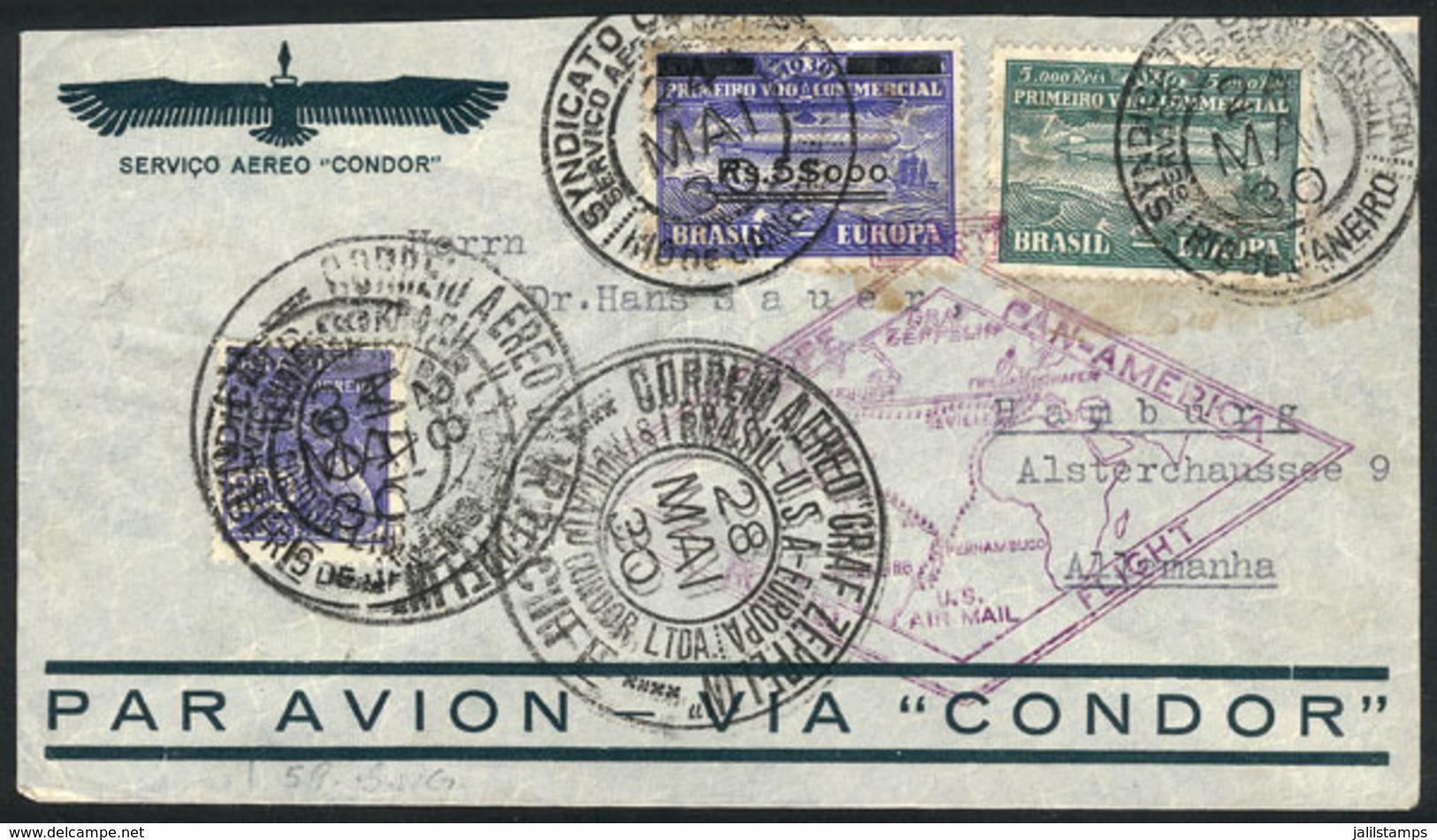 BRAZIL: 24/MAY/1930 Rio De Janeiro - Hamburg, Via ZEPPELIN: Cover Franked By Sc.4CL1 + 4CL4 + 500Rs. Definitive, With Re - Andere & Zonder Classificatie