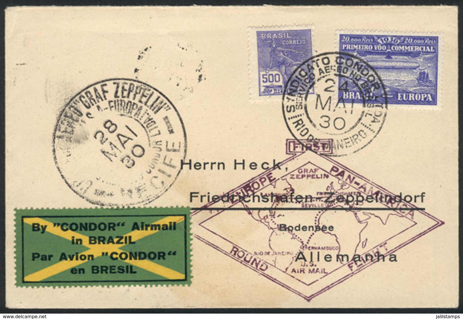 BRAZIL: 24/MAY/1930 Rio De Janeiro - Friedrichshafen, Via ZEPPELIN: Cover Franked By Sc.4CL3 + 500Rs. Definitive, Specia - Autres & Non Classés