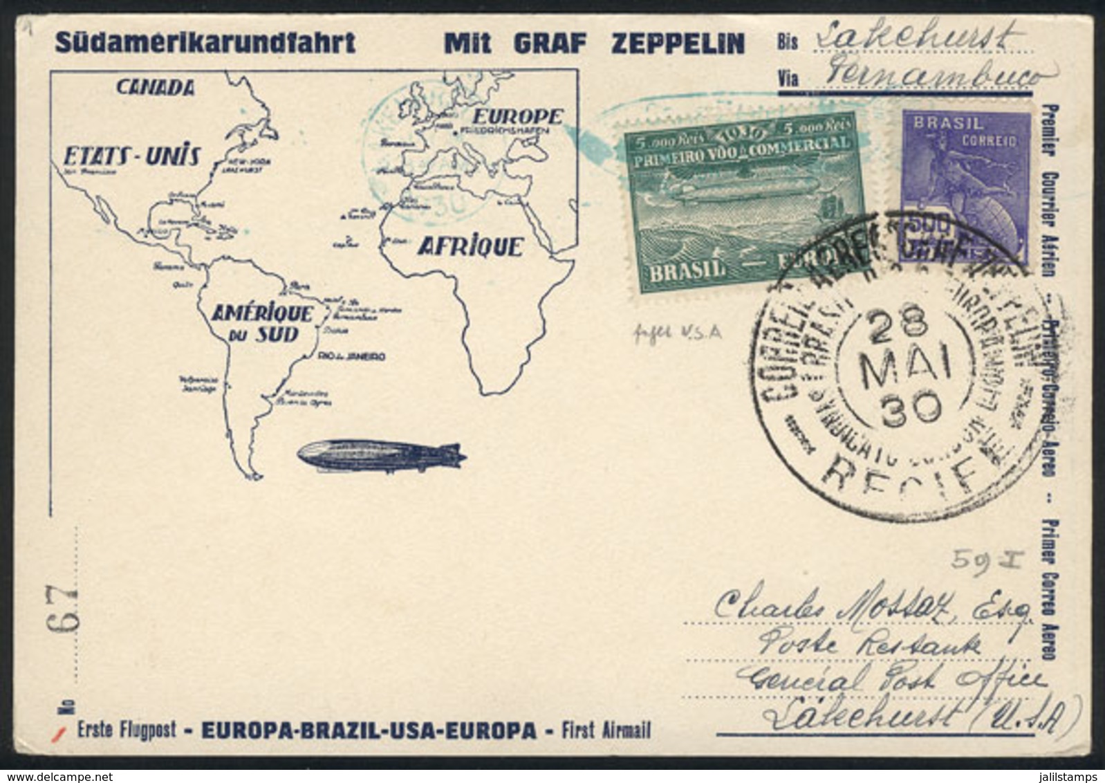 BRAZIL: 28/MAY/1930 Recife - Lakehurst (USA), Via ZEPPELIN: Card Franked By Sc.4CL1 + 500Rs. Definitive, With Green Arri - Sonstige & Ohne Zuordnung