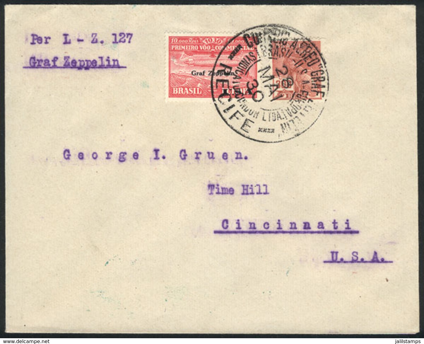 BRAZIL: 28/MAY/1930 Recife - Cincinnati, Via ZEPPELIN: Cover Franked By Sc.4CL9 + 300Rs. Definitive, With Lakehurst Arri - Other & Unclassified