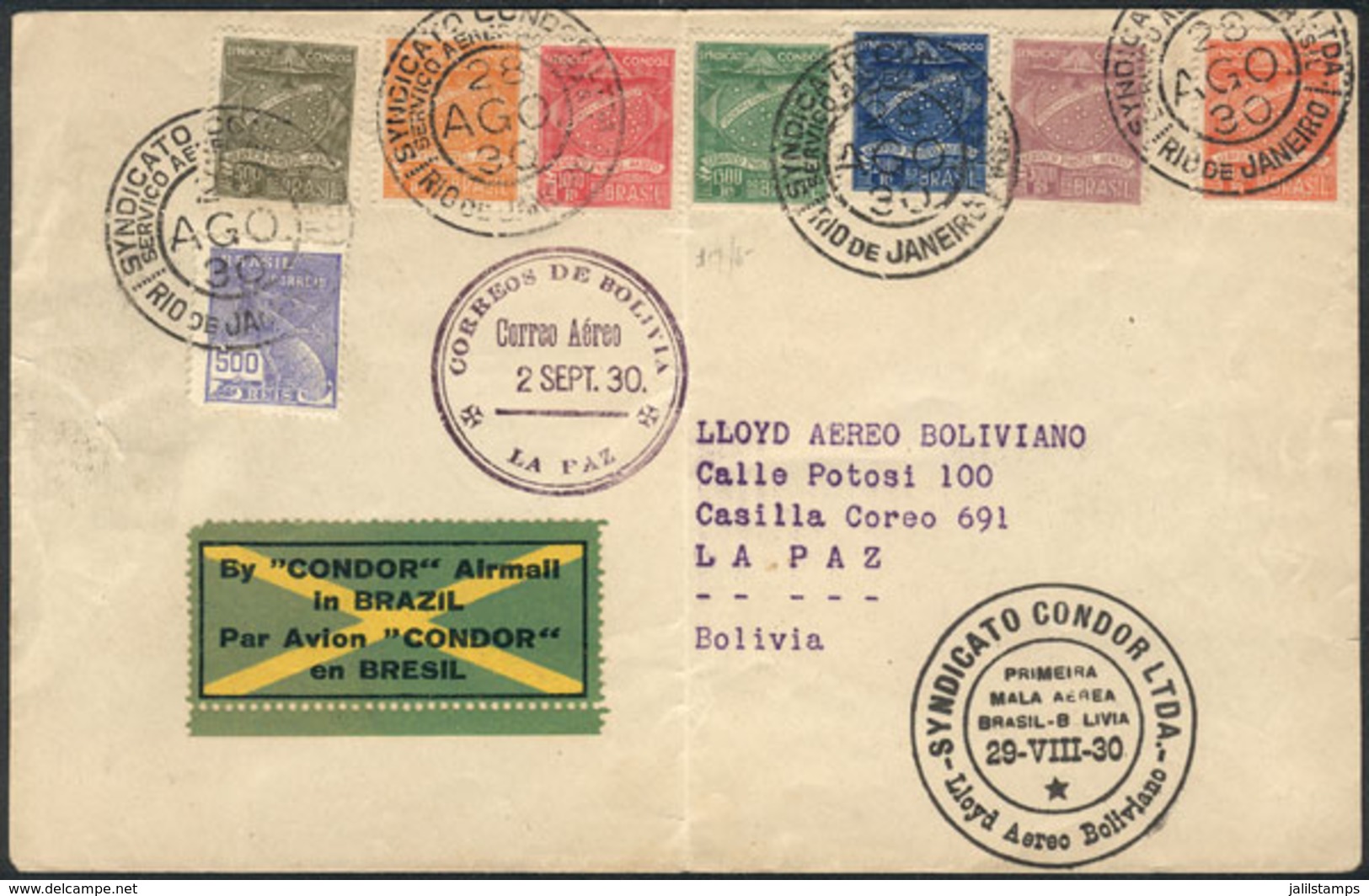 BRAZIL: 28/AU/1930 First Flight Rio De Janeiro - La Paz (Bolivia), Cover Franked By RHM.K-1/K-7, Fine Quality! - Sonstige & Ohne Zuordnung