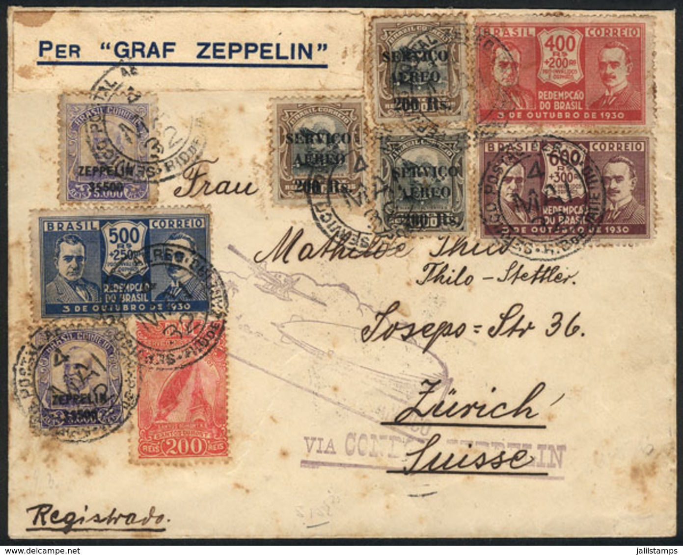 BRAZIL: Cover Sent Via ZEPPELIN From Rio To Switzerland On 4/MAY/1932, With Very Nice Multicolored Postage, Very Attract - Sonstige & Ohne Zuordnung