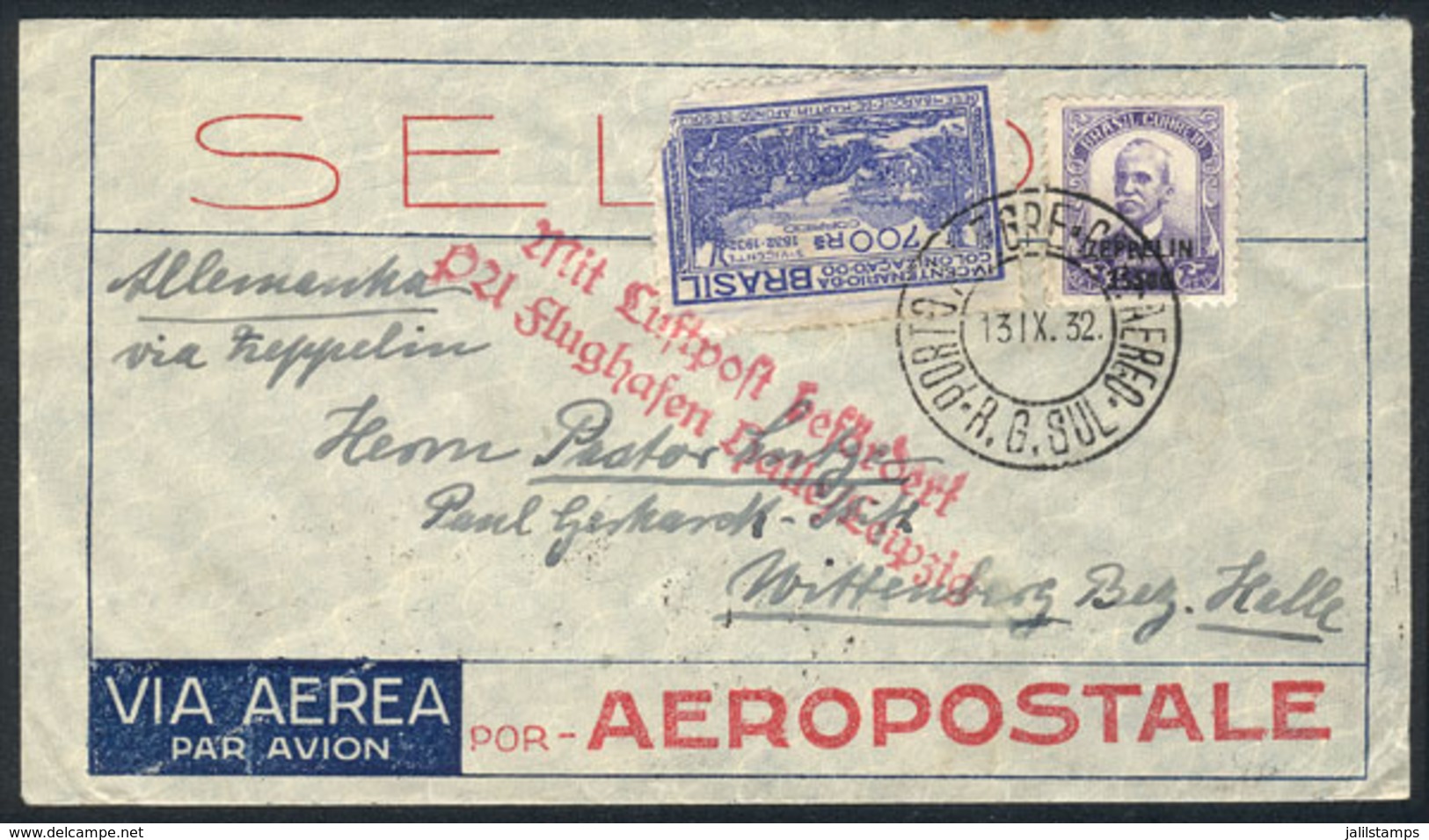 BRAZIL: Cover Sent From Porto Alegre To Germany On 13/SE/1932, With Special Handstamp Of The Flight And Friedrichshafen  - Sonstige & Ohne Zuordnung