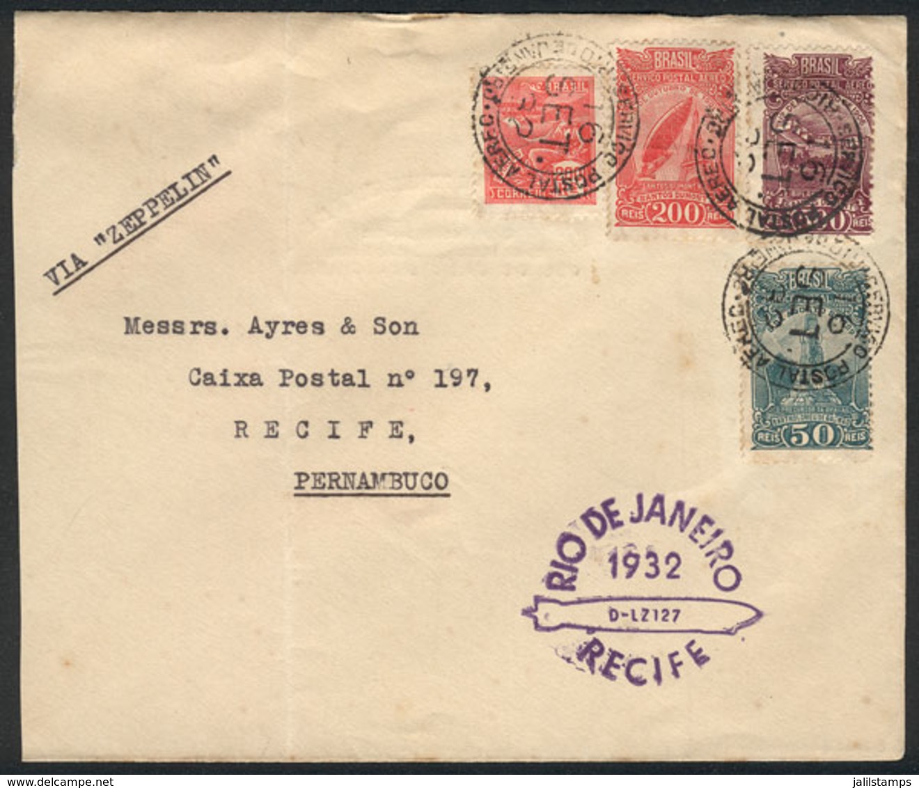 BRAZIL: Cover Sent From Rio De Janeiro To Pernambuco On 16/SE/1932, With Special Handstamp Of The Flight In Blue And Arr - Sonstige & Ohne Zuordnung