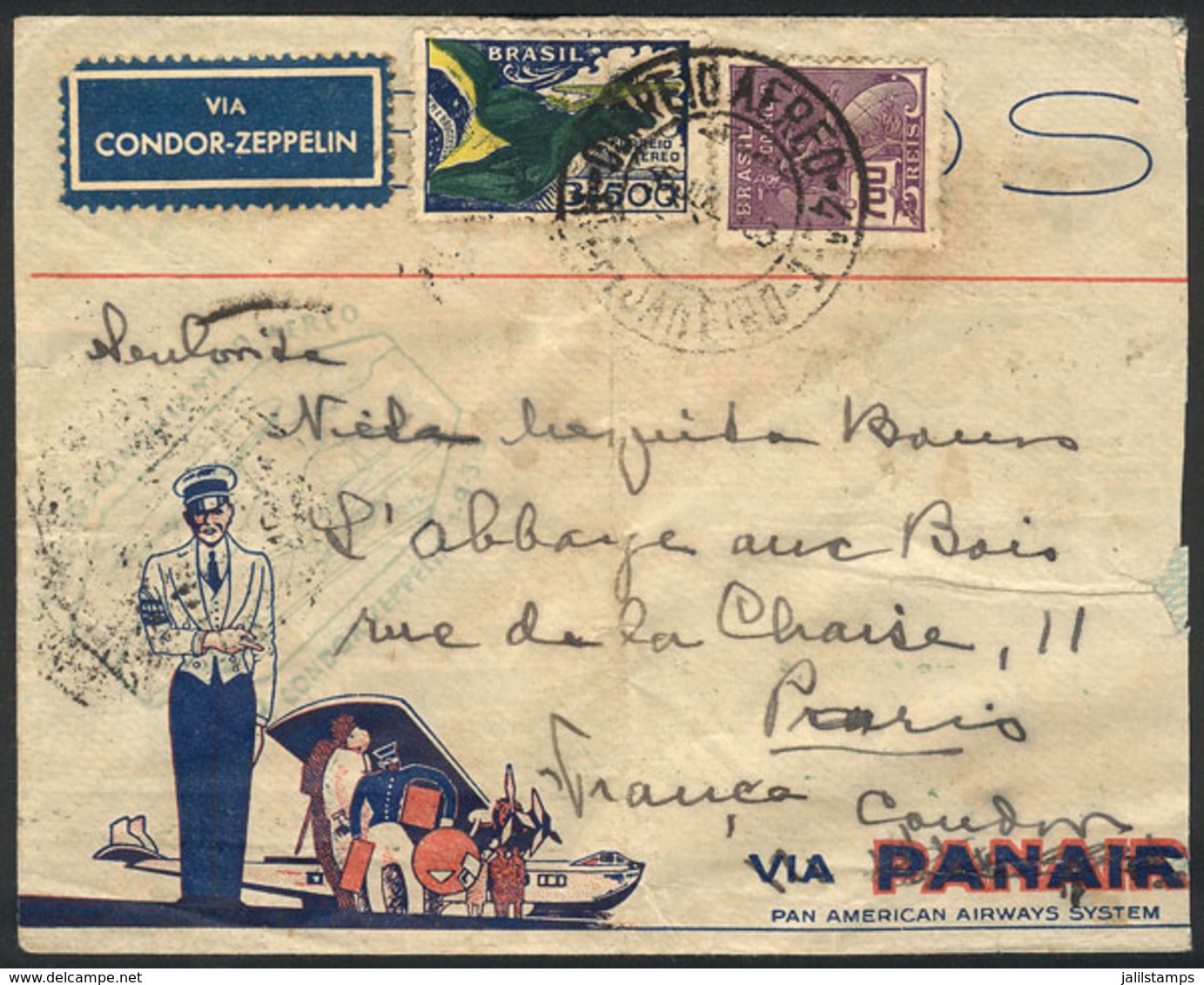 BRAZIL: 6/JUL/1933 Rio De Janeiro - France, Via ZEPPELIN: Cover With Special Handstamped Cachet Of The Flight (green) An - Sonstige & Ohne Zuordnung