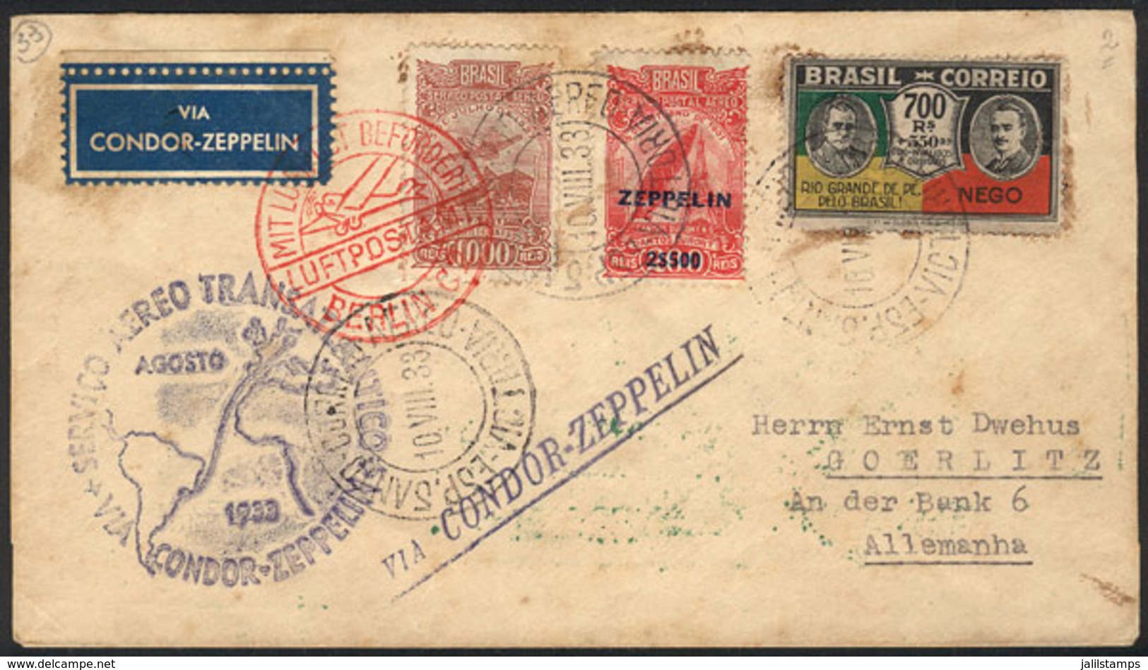 BRAZIL: 10/AU/1933 Victoria - Germany, Via ZEPPELIN: Cover With Nice Postage Including A Commemorative Stamp, With Speci - Autres & Non Classés