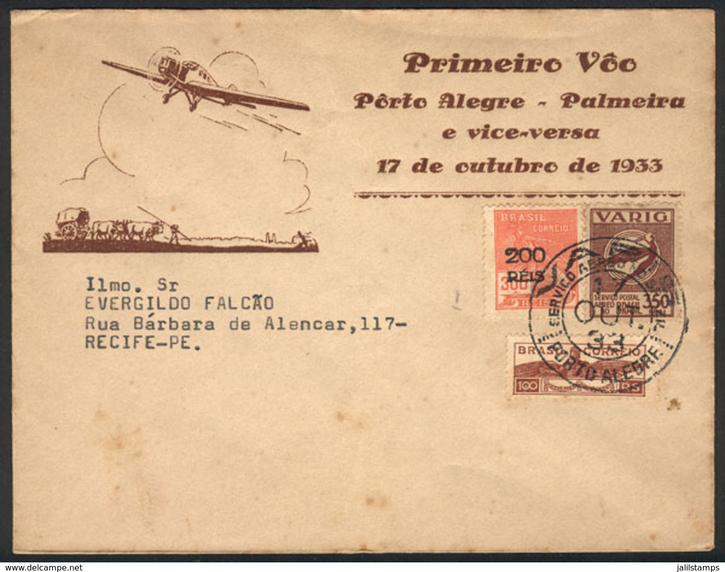 BRAZIL: 17/AU/1933 Porto Alegre - Palmeira, VARIG First Flight, VF! - Sonstige & Ohne Zuordnung