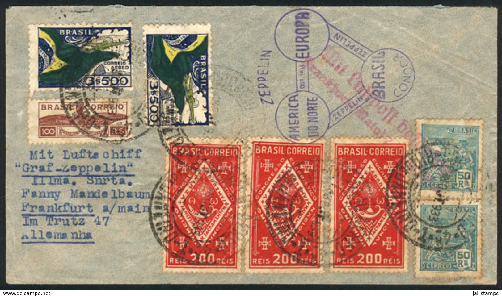 BRAZIL: 18/OC/1933 Rio De Janeiro - Germany, Via ZEPPELIN: Cover With Special Violet Cachet And Transit Marks, VF Qualit - Sonstige & Ohne Zuordnung