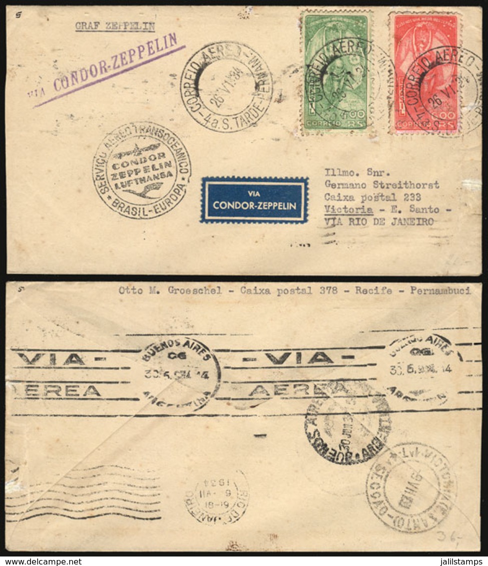 BRAZIL: 26/JUN/1934 Pernambuco - Victoria, By ZEPPELIN (via Rio De Janeiro), Cover With Nice Commemorative Postage, With - Other & Unclassified