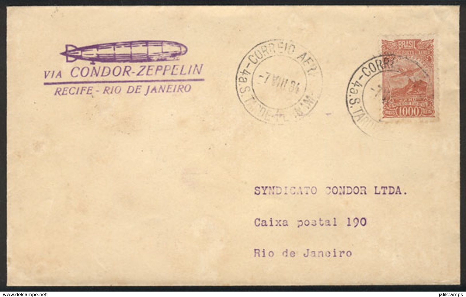 BRAZIL: Cover Flown By ZEPPELIN, Sent From Recife To Rio De Janeiro On 4/AU/1934, VF! - Sonstige & Ohne Zuordnung