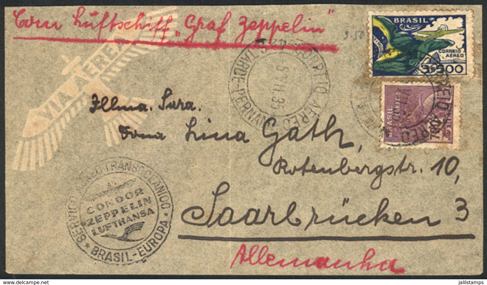 BRAZIL: 5/JUL/1935 Pernambuco - Saar (Germany), Via ZEPPELIN: Cover Of Fine Quality, Low Start! - Sonstige & Ohne Zuordnung