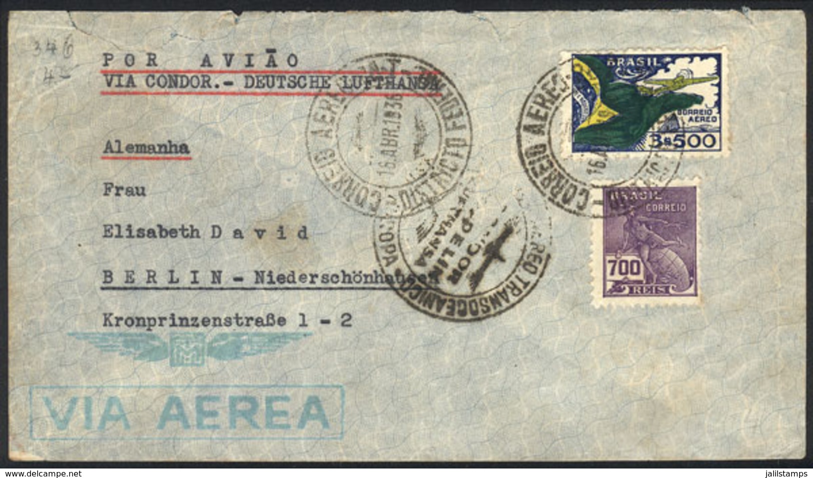 BRAZIL: Airmail Cover Sent From Rio To Berlin On 16/AP/1936, Very Nice! - Autres & Non Classés