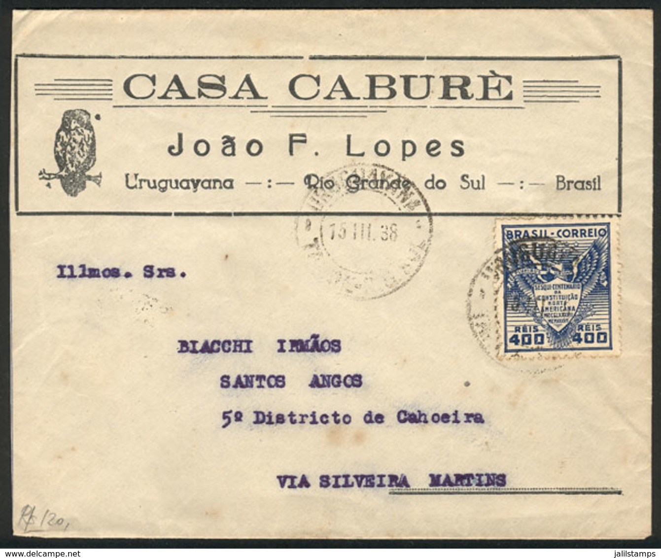 BRAZIL: Cover Sent From Uruguayana To Santos Angos On 15/MAR/1938, Franked By RHM.C-126 ALONE, Catalog Value 175Rs., VF  - Autres & Non Classés
