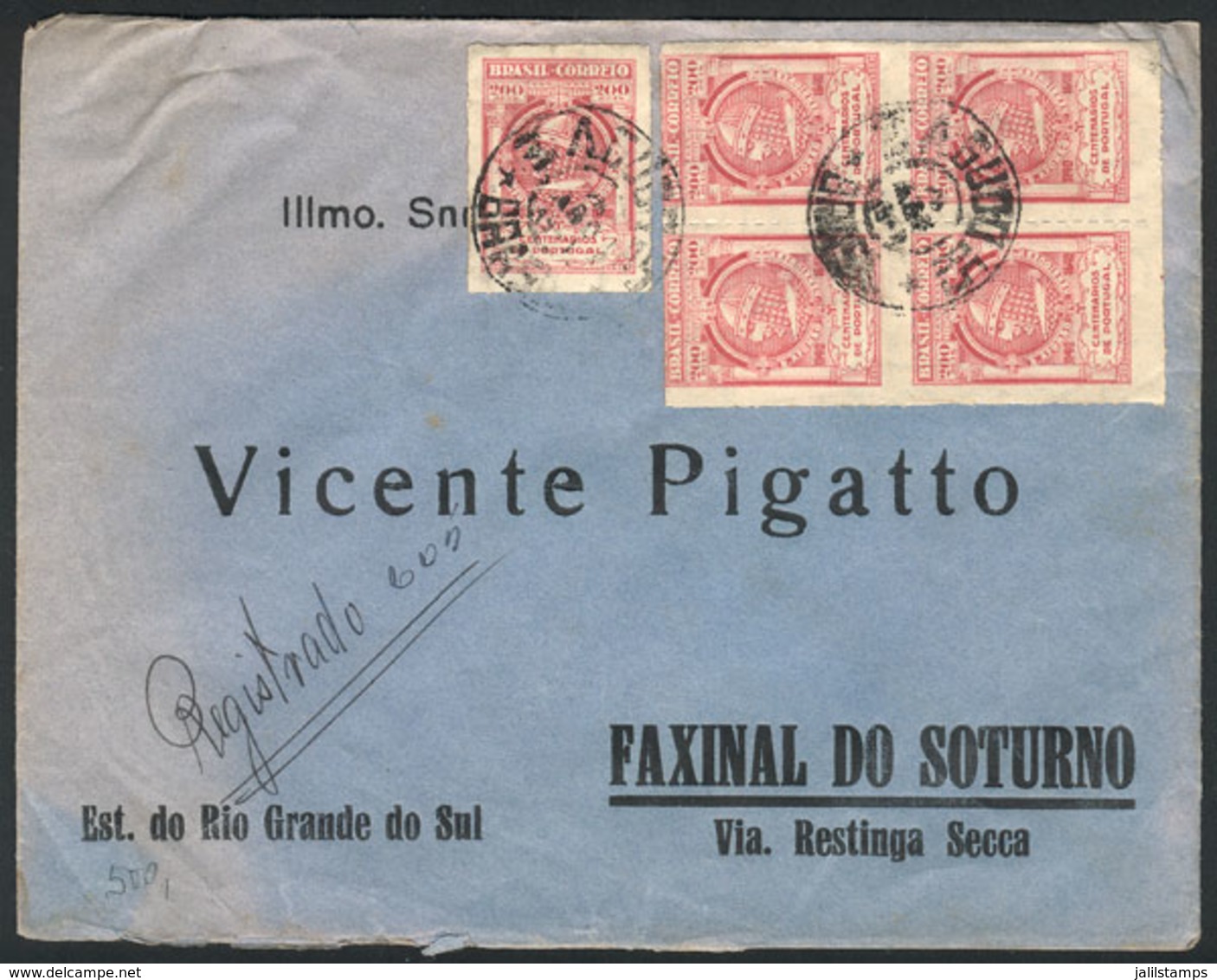 BRAZIL: Registered Cover Sent From Agudo To Faxinal Do Soturno On 28/AU/1941, Franked By RHM.C-160 X5, VF Quality! - Other & Unclassified