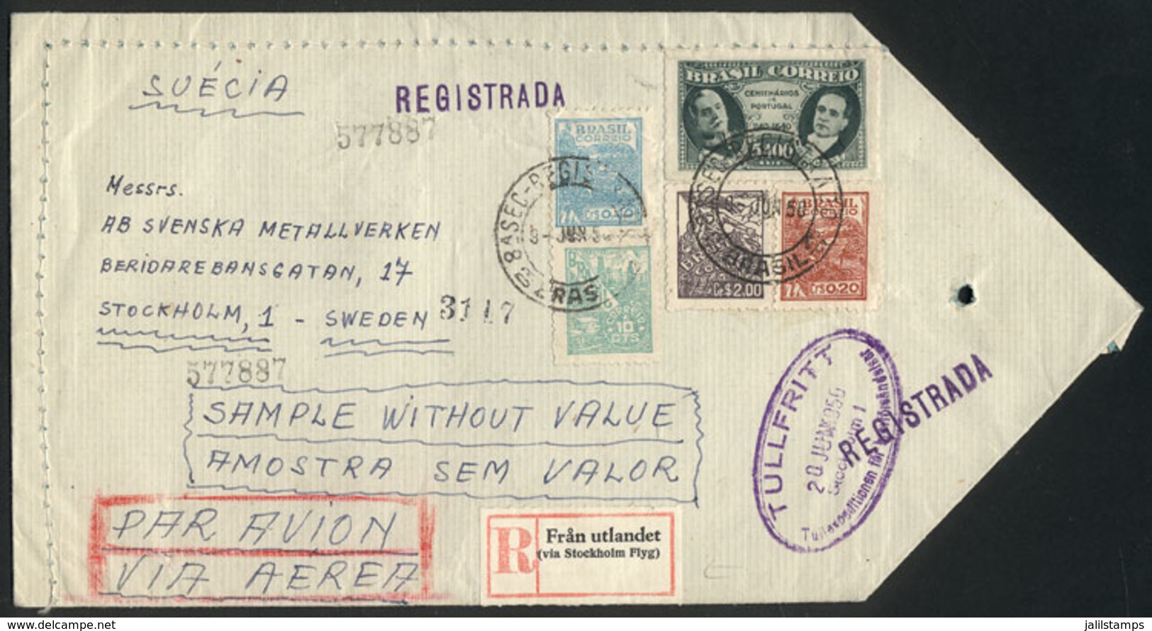 BRAZIL: Registered Airmail Cover Containing SAMPLES WITHOUT VALUE Sent From Sao Paulo To Sweden On 9/JUN/1950, Interesti - Autres & Non Classés