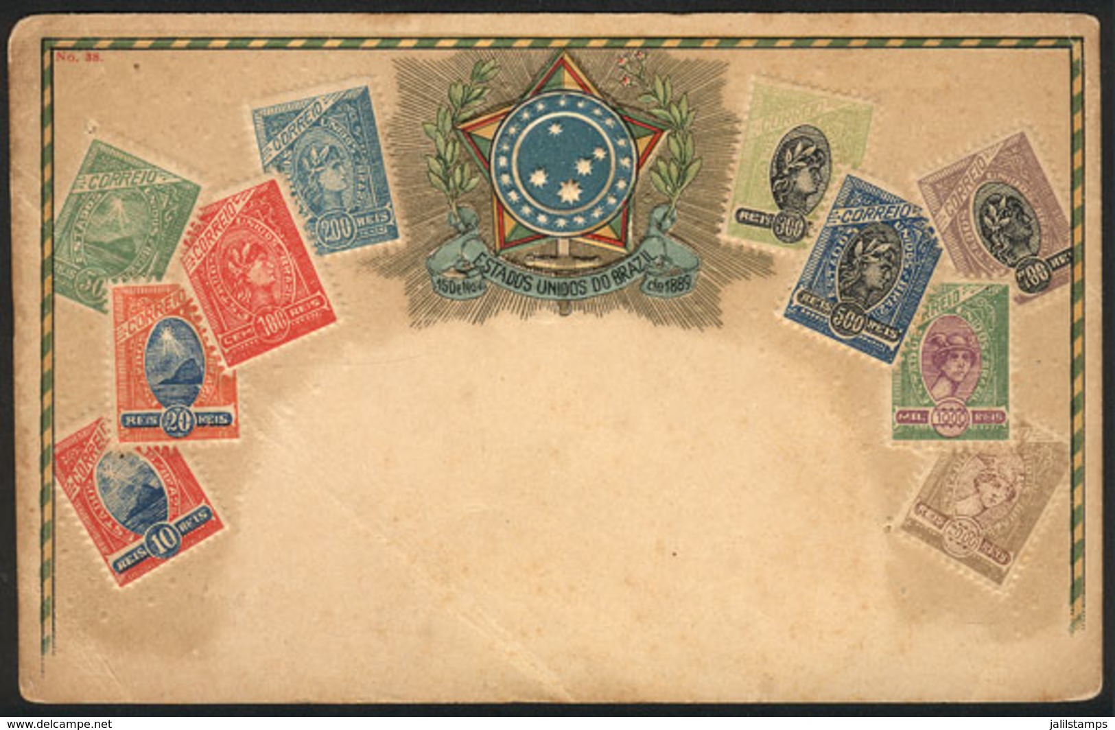 BRAZIL: Beautiful PC Illustrated With Old Postage Stamps, Diagonal Crease, Circa 1905 - Autres & Non Classés