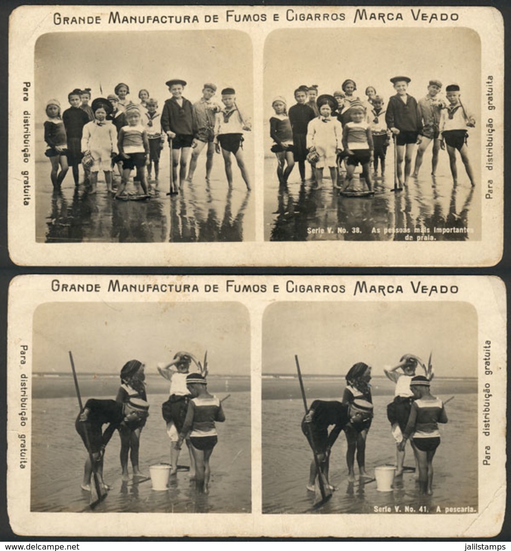 BRAZIL: 2 Old Stereo Cards With Photos Of Children On The Beach, With Advertising For VEADO Cigarettes! VF Quality! - Other & Unclassified