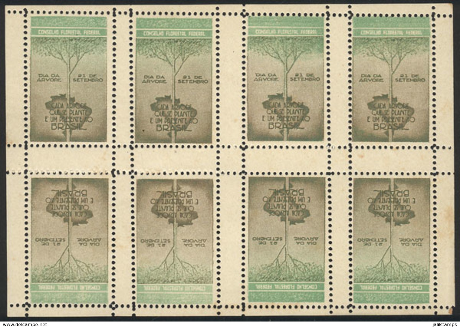 BRAZIL: TREE DAY: Beautiful Sheet Of 8 Cinderellas (4 Vertical TETE-BECHE Pairs), VF (with Some Staining On Gum)! - Other & Unclassified