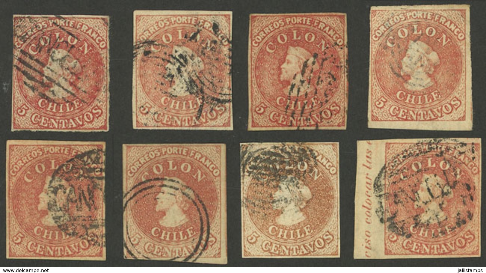 CHILE: 8 Columbus Of 5c. From Varied Printings, Including Some In Scarce Shades, One With Sheet Margin With Imprint, One - Chile