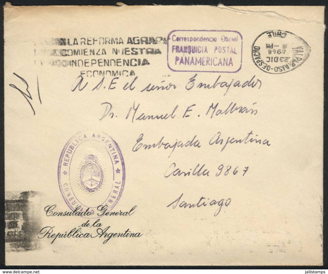 CHILE: Cover Of The Consulate Of Argentina In Valparaiso Sent Stampless To Santiago On 23/DE/1968, With PANAMERICAN POST - Chili