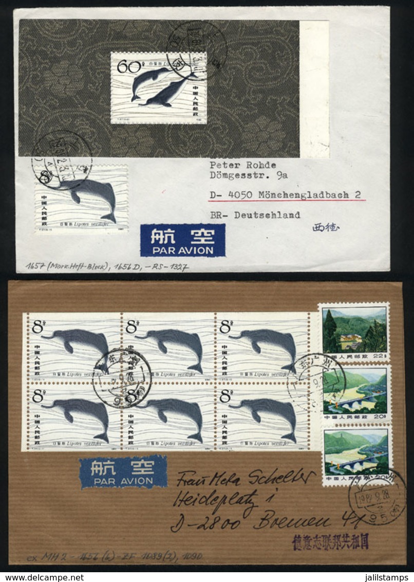 CHINA: Sc.1645a + 1646a, 1980 Dolphins, Booklet Panes Used On Covers, VF Quality, Rare! - Autres & Non Classés