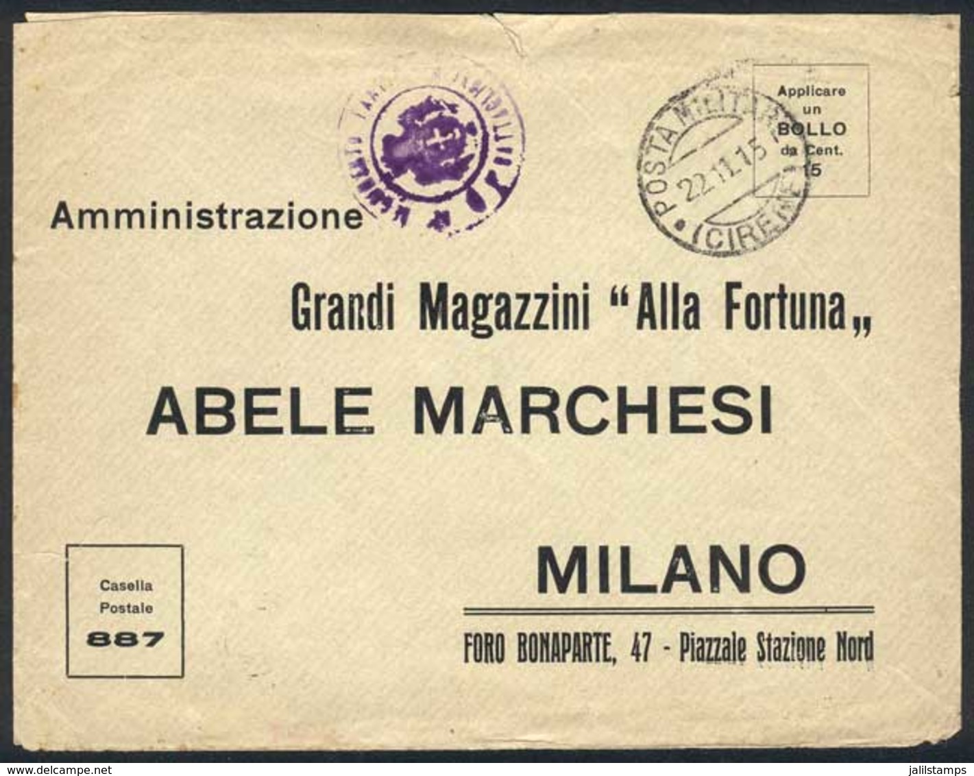 CYRENAICA: Cover With Military Free Franking Sent From A Soldier To Milano, Cancelled "POSTA MILITARE - 22.11.15 - (CIRE - Cirenaica